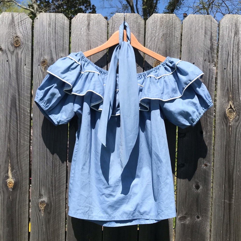 Vintage Powder Blue Ruffle Top w/ Necktie